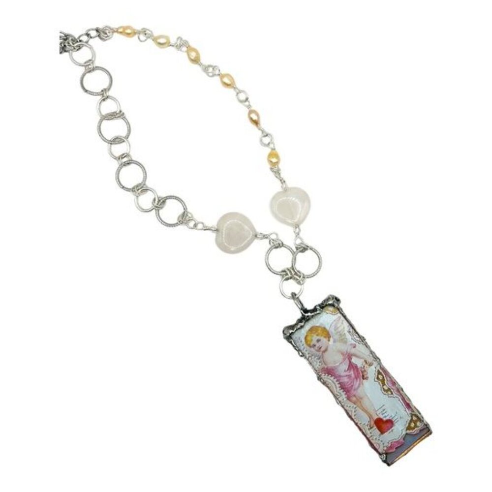 VINTG Valentines Day Card Tiny Canvas Pendant & Handmade W/ Pink Quartz & Pearls - Picture 5 of 17